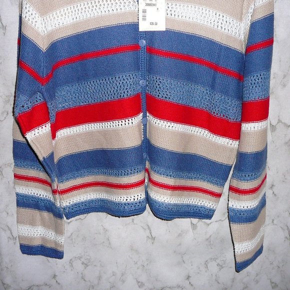 Cardigan Sweater Cotton Red Blue Striped M NWT - Picture 3 of 8